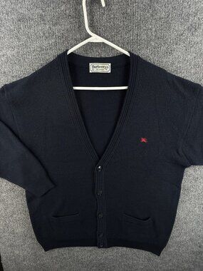 Burberry Navy Blue Cardigan V-Neck Sweater Logo 8 Men Solid Knit Long Sleeve